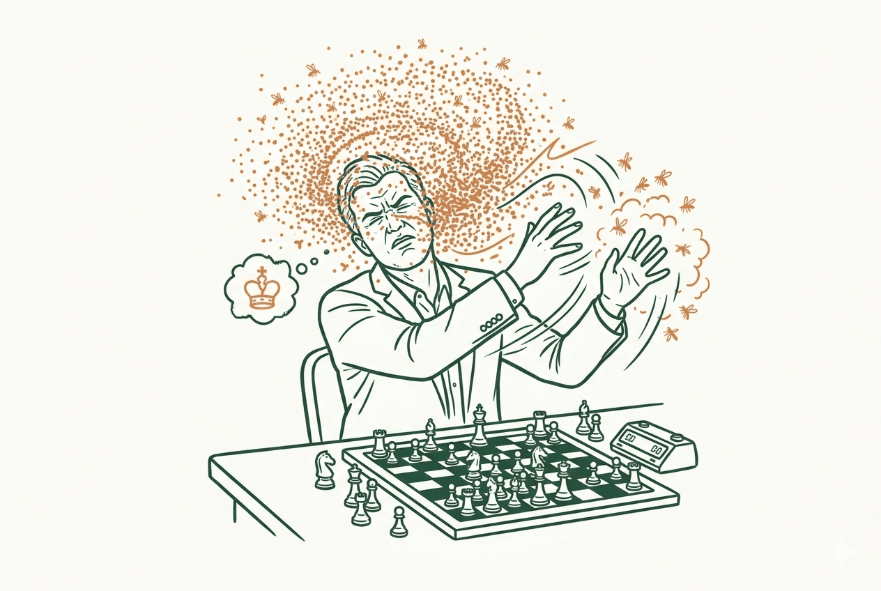 Illustration depicting extreme distraction: a chess player overwhelmed by a swarm of gnats while attempting to plan a complex move.