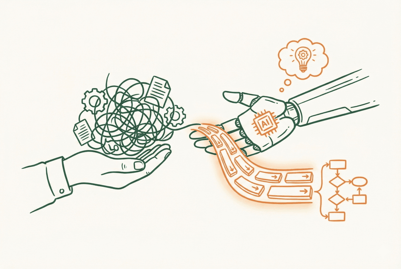 Minimalist line art of a human hand passing a tangled mess of documents to an AI hand, which converts it into an organized workflow flowchart.